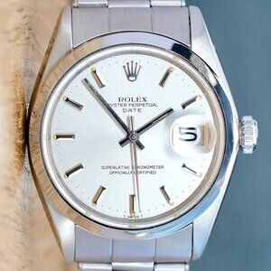 ROLEX DATEJUST SILVER INDEX DIAL STAINLESS STEEL SMOOTH OYSTER WATCH 36 MM 1500